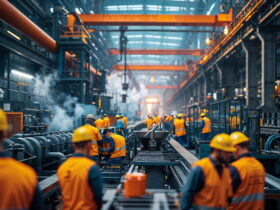 Factory floor with workers in orange safety vests and hard hats operating large machinery under orange overhead cranes amid blue-toned industrial structure