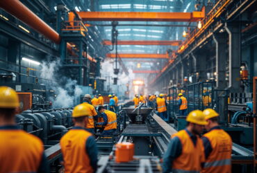 Factory floor with workers in orange safety vests and hard hats operating large machinery under orange overhead cranes amid blue-toned industrial structure