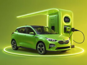 Green electric car connected to a neon-green charging station with a circular platform beneath it.