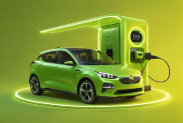 Green electric car connected to a neon-green charging station with a circular platform beneath it.