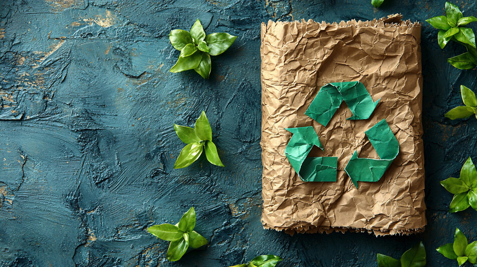 Crinkled brown paper bag with a green recycling symbol on a blue textured surface, surrounded by green leaves.