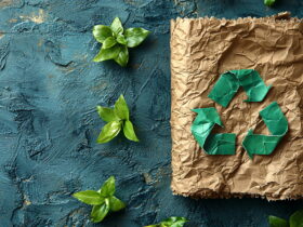 Crinkled brown paper bag with a green recycling symbol on a blue textured surface, surrounded by green leaves.