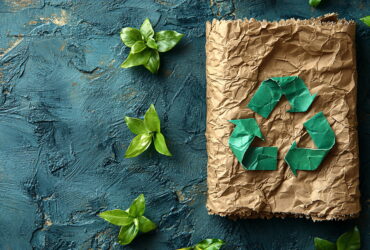 Crinkled brown paper bag with a green recycling symbol on a blue textured surface, surrounded by green leaves.