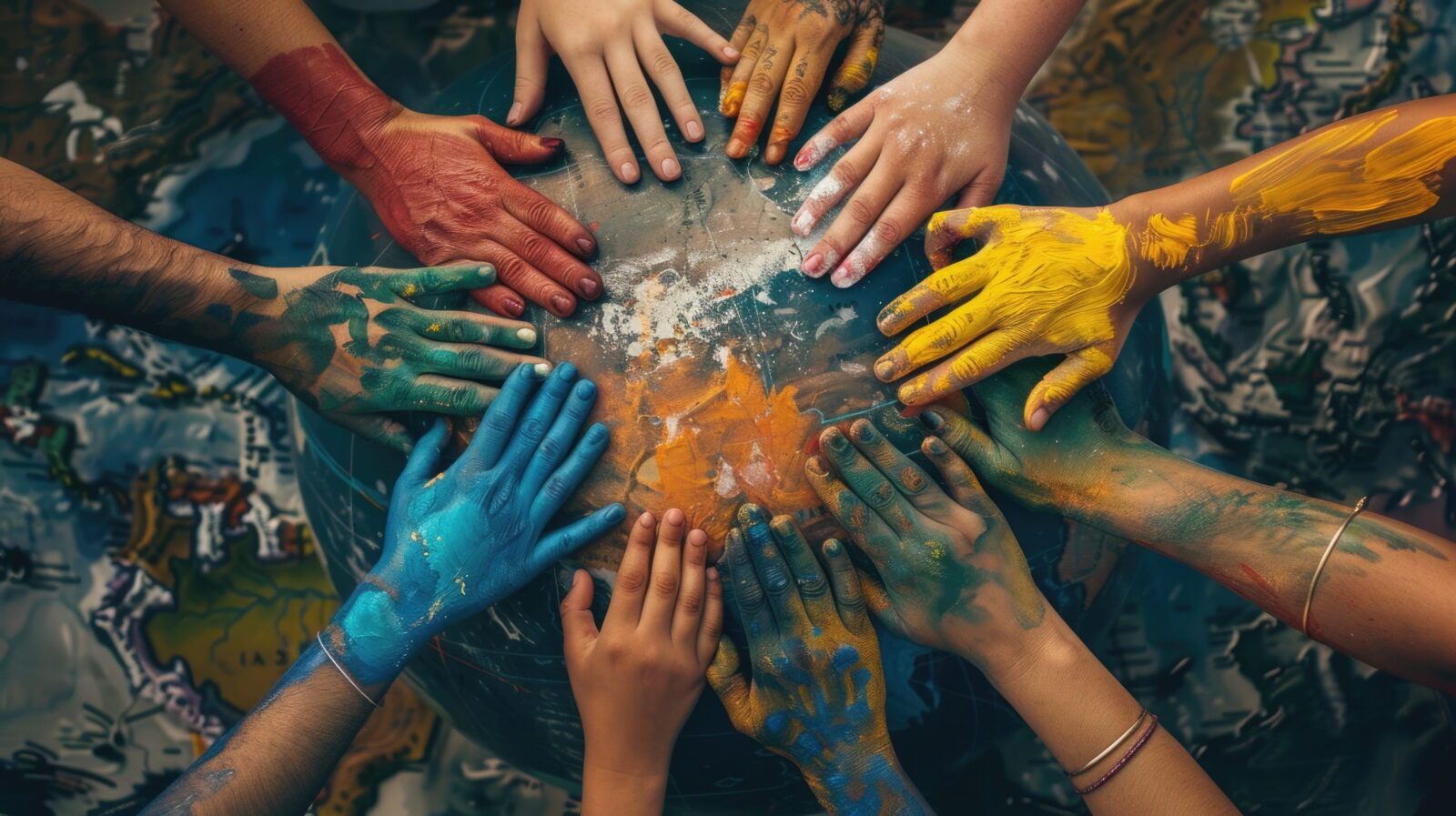 Multiple hands covered in bright paint—blue, red, yellow, and orange—reaching toward and resting on a painted blue globe, symbolizing teamwork and creativity on a collaborative art project.