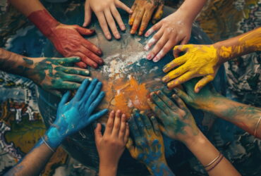 Multiple hands covered in bright paint—blue, red, yellow, and orange—reaching toward and resting on a painted blue globe, symbolizing teamwork and creativity on a collaborative art project.