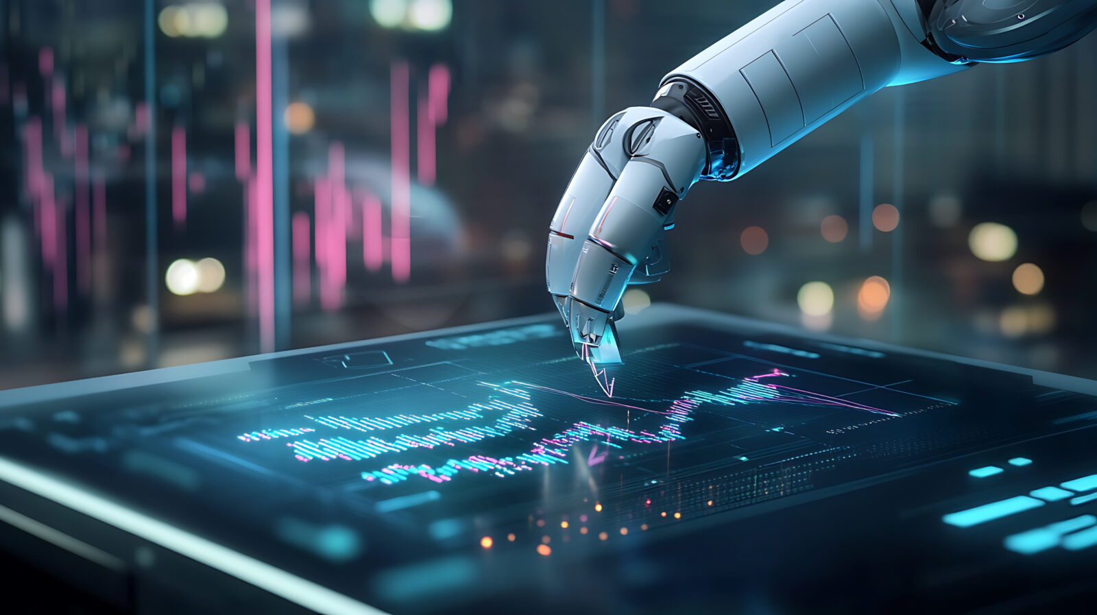Robotic arm taps a holographic data dashboard in a futuristic control room with neon lights.