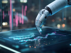 Robotic arm taps a holographic data dashboard in a futuristic control room with neon lights.