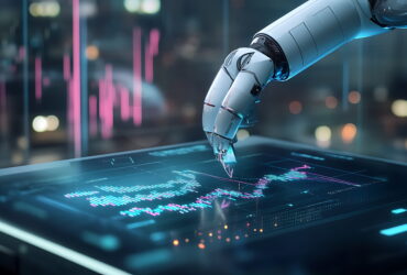 Robotic arm taps a holographic data dashboard in a futuristic control room with neon lights.
