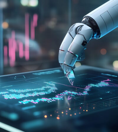 Robotic arm taps a holographic data dashboard in a futuristic control room with neon lights.