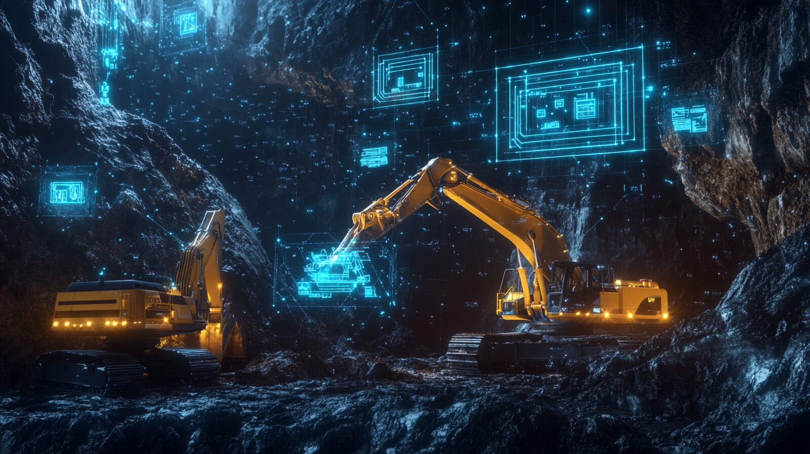 Two yellow excavators in a rocky cavern, illuminated by blue holographic screens and digital diagrams at the walls "','Mining machine inside a cavern with glowing blue digital interface panels projected on the walls.','Industrial mining scene: heavy equipment at work in a tunnel with neon blue holographic displays.','Robotic excavator operating in a dark cave, surrounded by glowing blue data visuals.','Electric blue data overlays over a mining site with an excavator and rocky walls.