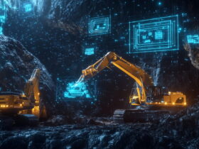Two yellow excavators in a rocky cavern, illuminated by blue holographic screens and digital diagrams at the walls "','Mining machine inside a cavern with glowing blue digital interface panels projected on the walls.','Industrial mining scene: heavy equipment at work in a tunnel with neon blue holographic displays.','Robotic excavator operating in a dark cave, surrounded by glowing blue data visuals.','Electric blue data overlays over a mining site with an excavator and rocky walls.