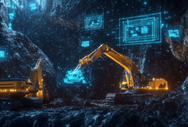 Two yellow excavators in a rocky cavern, illuminated by blue holographic screens and digital diagrams at the walls "','Mining machine inside a cavern with glowing blue digital interface panels projected on the walls.','Industrial mining scene: heavy equipment at work in a tunnel with neon blue holographic displays.','Robotic excavator operating in a dark cave, surrounded by glowing blue data visuals.','Electric blue data overlays over a mining site with an excavator and rocky walls.