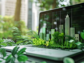 Computer monitor displays a 3D green city model with buildings and trees, surrounded by real plants for an eco-friendly design concept.