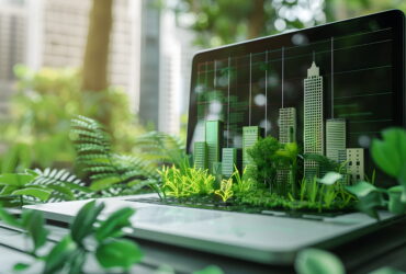 Computer monitor displays a 3D green city model with buildings and trees, surrounded by real plants for an eco-friendly design concept.