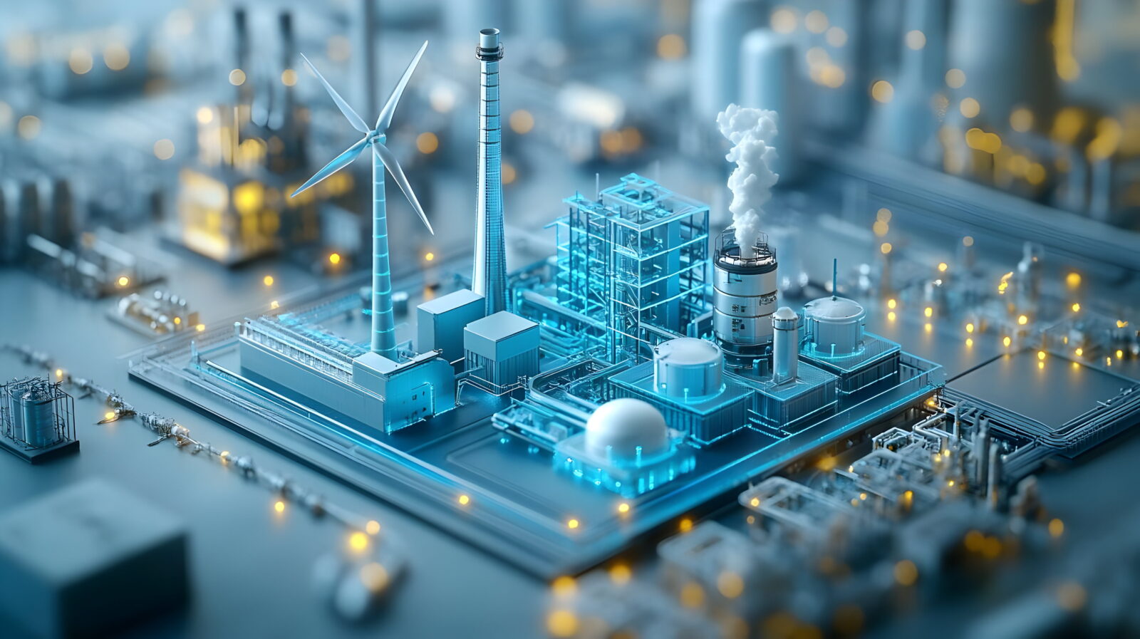 Blue-toned industrial facility featuring a wind turbine, smokestacks, and cooling towers, illustrating energy production and manufacturing in one scene.