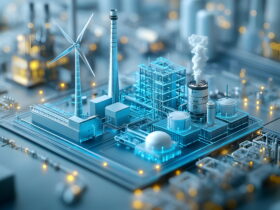 Blue-toned industrial facility featuring a wind turbine, smokestacks, and cooling towers, illustrating energy production and manufacturing in one scene.