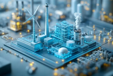 Blue-toned industrial facility featuring a wind turbine, smokestacks, and cooling towers, illustrating energy production and manufacturing in one scene.