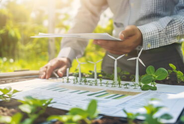 Person outdoors reviewing documents with a scale model of wind turbines on a table surrounded by greenery.