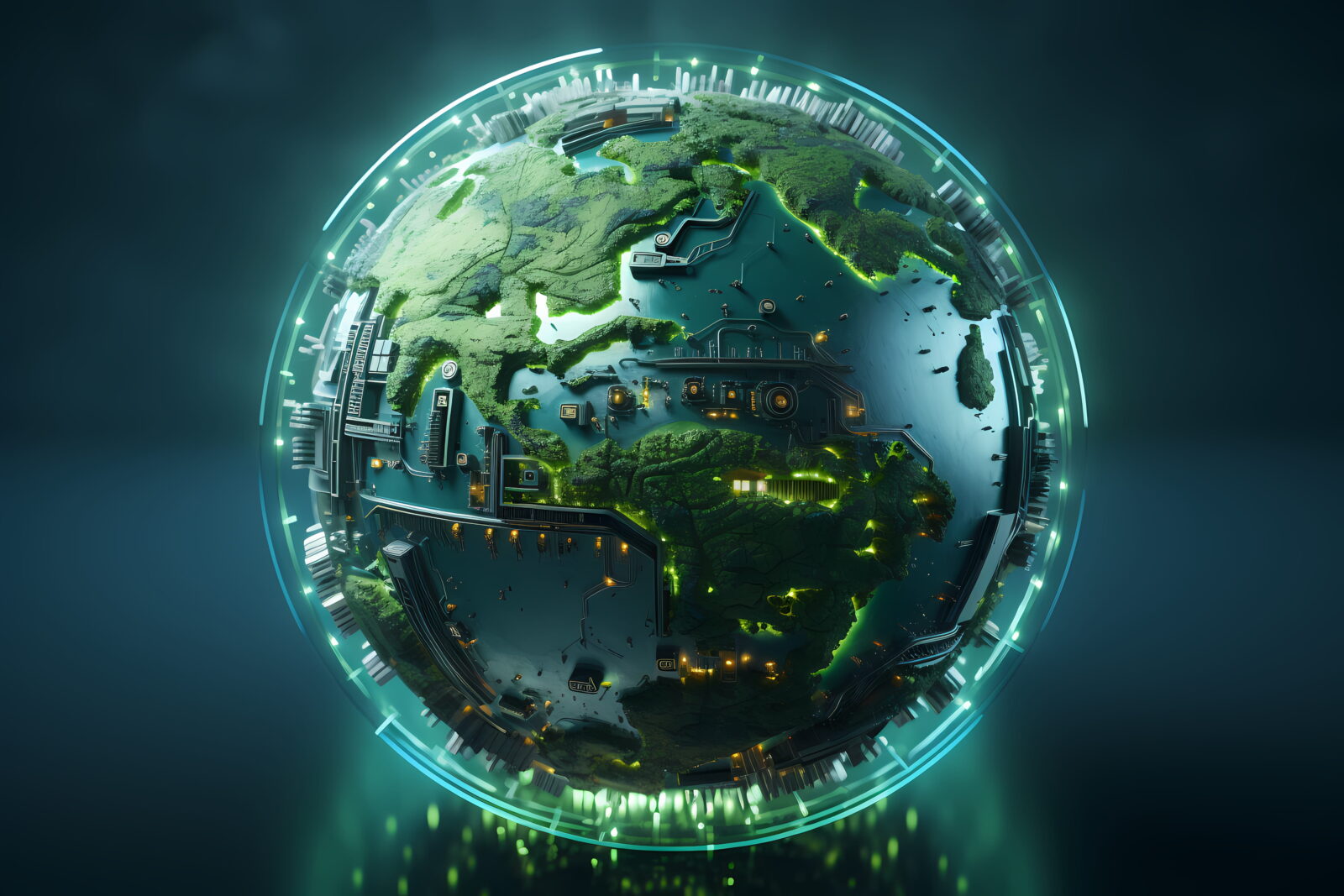 Globe with green continents encircled by a glowing neon ring and futuristic machinery, blending nature and technology.