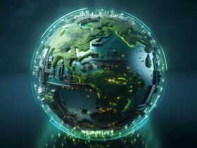 Globe with green continents encircled by a glowing neon ring and futuristic machinery, blending nature and technology.