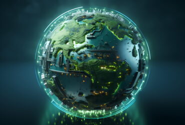 Globe with green continents encircled by a glowing neon ring and futuristic machinery, blending nature and technology.