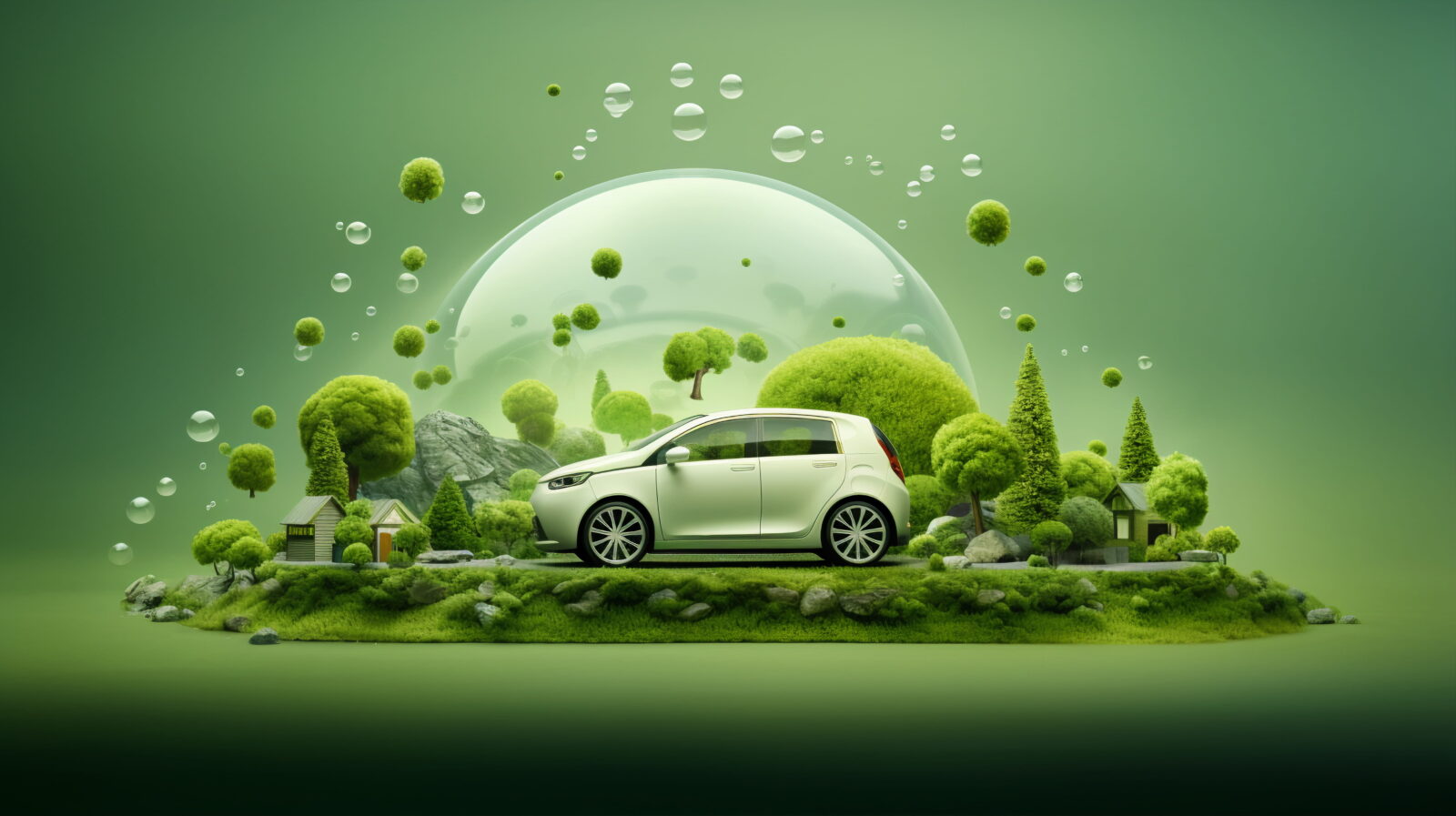 White eco-friendly car in a lush green landscape with trees, rocks, and floating bubbles under a protective dome.