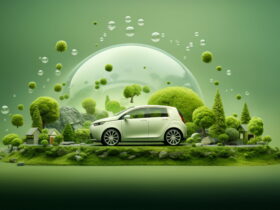 White eco-friendly car in a lush green landscape with trees, rocks, and floating bubbles under a protective dome.