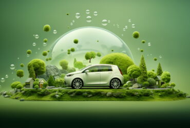 White eco-friendly car in a lush green landscape with trees, rocks, and floating bubbles under a protective dome.