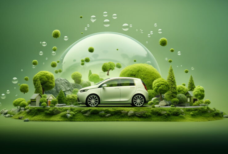 White eco-friendly car in a lush green landscape with trees, rocks, and floating bubbles under a protective dome.