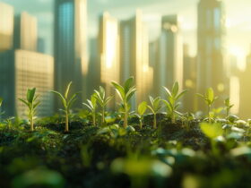 Close-up of small green sprouts growing in a mossy bed with a blurred city skyline in the background.