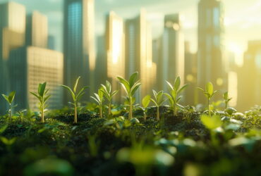 Close-up of small green sprouts growing in a mossy bed with a blurred city skyline in the background.