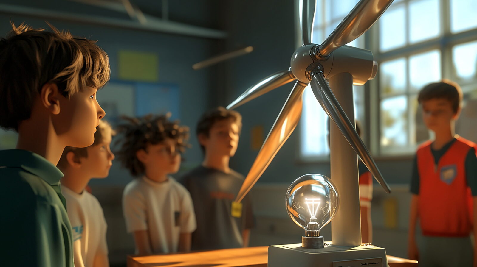 Group of students in a science museum watching a large turbine model with a glowing bulb sensor-lighting the display.