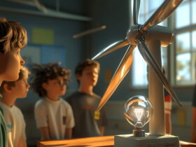 Group of students in a science museum watching a large turbine model with a glowing bulb sensor-lighting the display.
