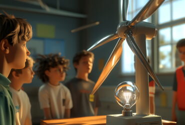 Group of students in a science museum watching a large turbine model with a glowing bulb sensor-lighting the display.