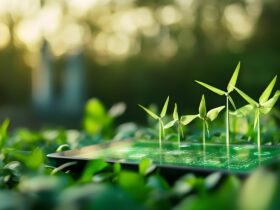 Small bamboo-like shoots sprouting from a flat, illuminated green surface with a blurred garden background