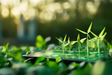 Small bamboo-like shoots sprouting from a flat, illuminated green surface with a blurred garden background