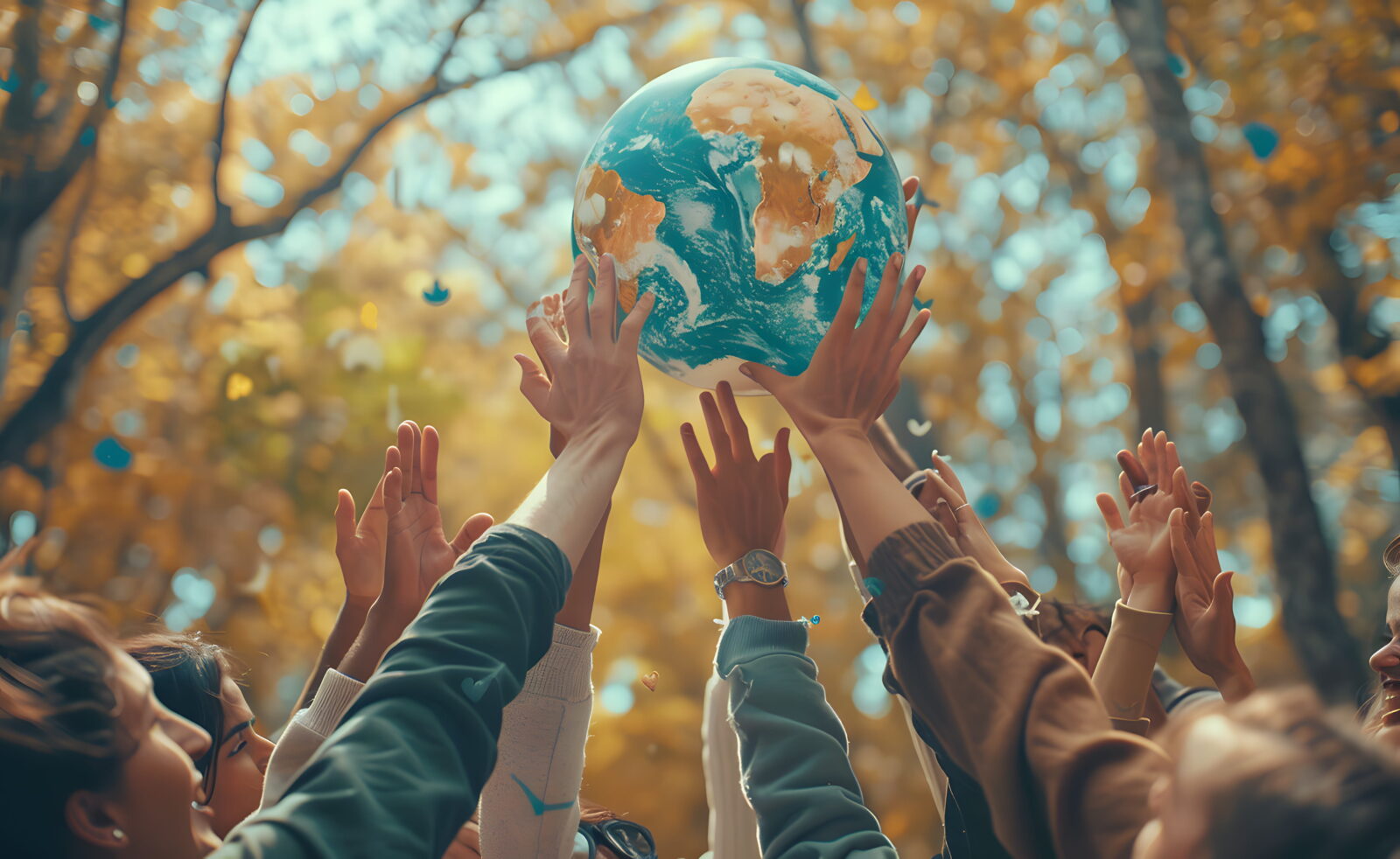 Group of hands raised to lift a globe, symbolizing global unity in an autumn forest setting