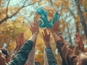 Group of hands raised to lift a globe, symbolizing global unity in an autumn forest setting