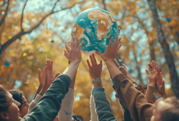 Group of hands raised to lift a globe, symbolizing global unity in an autumn forest setting