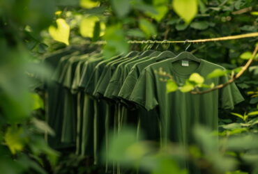 Rows of green T-shirts hanging on a rack outdoors among lush green plants.