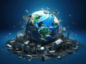 Earth in space surrounded by floating trash and debris, highlighting global pollution and waste impact on the planet, blue space background