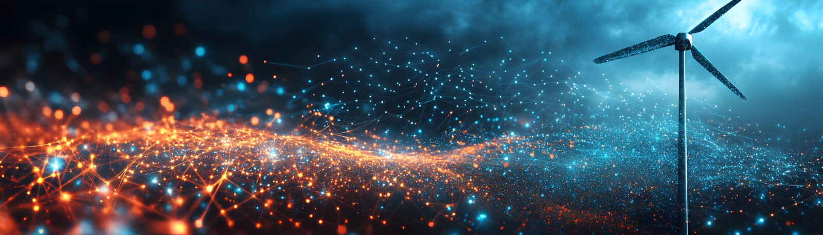 Wind turbine amid a glow of blue and orange network dots and lines, symbolizing energy and connectivity.