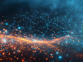 Wind turbine amid a glow of blue and orange network dots and lines, symbolizing energy and connectivity.