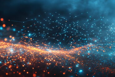 Wind turbine amid a glow of blue and orange network dots and lines, symbolizing energy and connectivity.