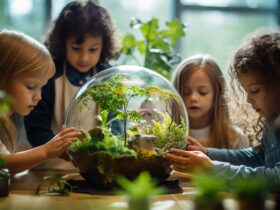 Children gathered around a glass terrarium globe with moss and small plants on a table.