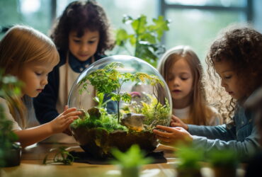 Children gathered around a glass terrarium globe with moss and small plants on a table.