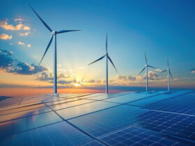 Wind turbines rise above a vast field of solar panels at sunset, with a blue sky and golden light on the horizon.