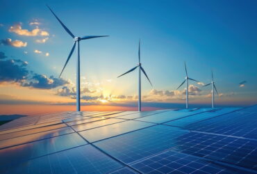 Wind turbines rise above a vast field of solar panels at sunset, with a blue sky and golden light on the horizon.