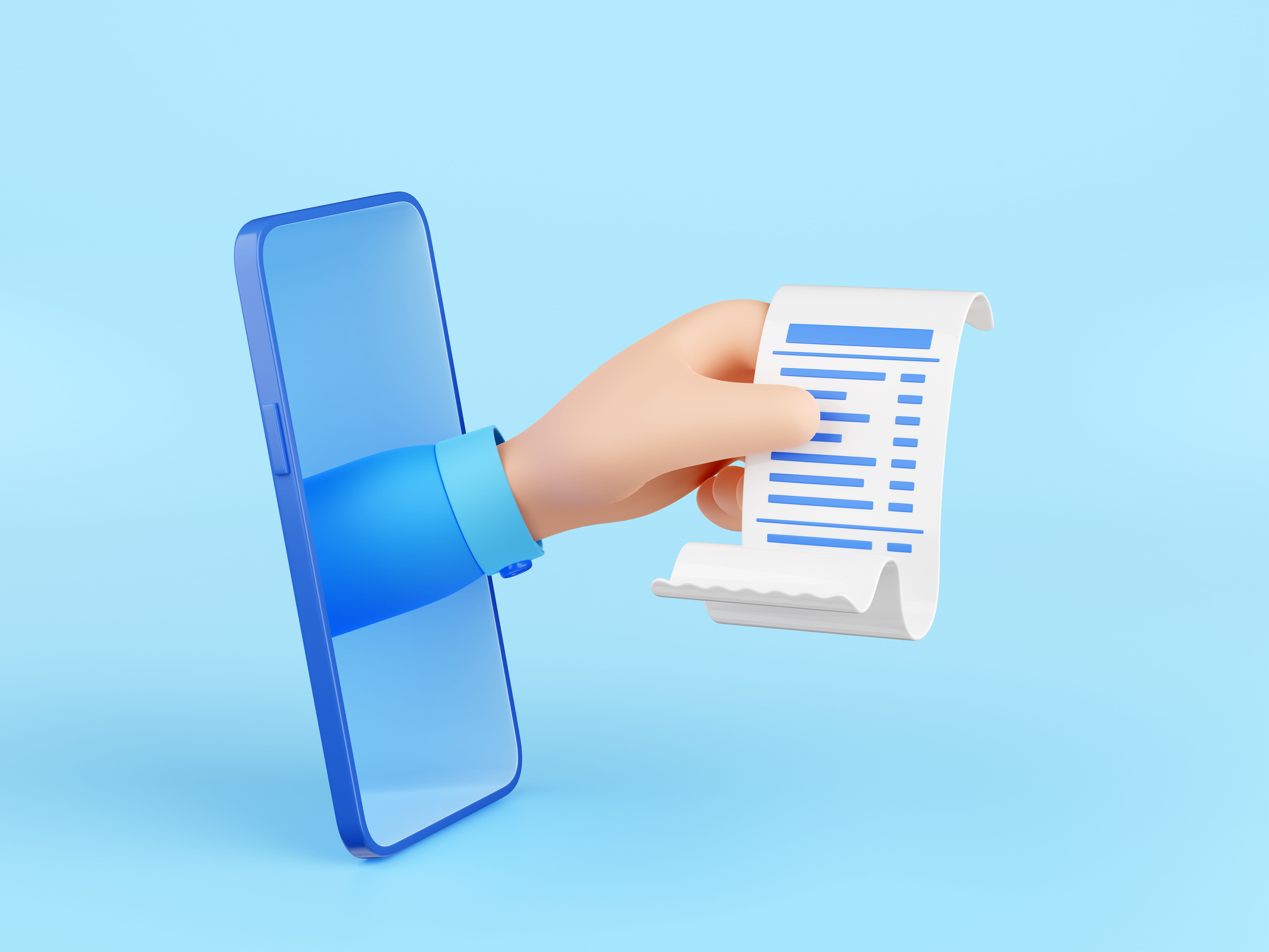 Blue smartphone held by a hand printing a long receipt with blue lines against a light blue background.