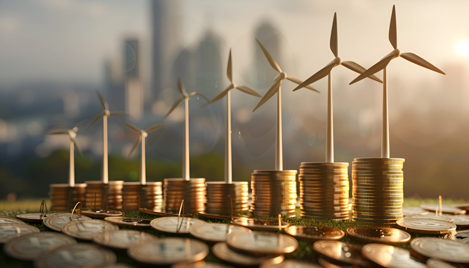 Coins stacked in the foreground with miniature wind turbines on top, symbolizing investment in clean energy against a blurred city skyline at sunset.